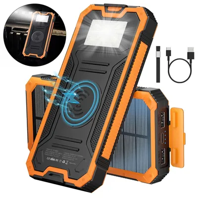 Produktbild von Solar Powerbank 20000mAh mit Wireless Charging,Outdoor Ladeger?t wasserdicht, Schnellladefunktion, LED-Taschenlampe & SOS-Licht, Orange