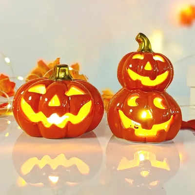 Image de lot de 2 lanternes décoratives d'automne citrouille avec lumières LED pour Halloween
