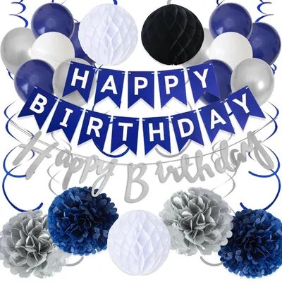 Image de Kit de décoration pour anniversaire : guirlande, ballons, pompons en papier, bleu et argent, 29 pièces