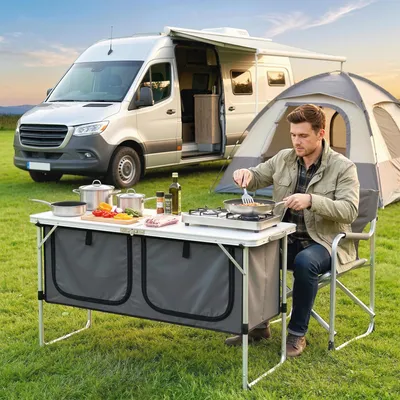 Produktbild von Campingküche faltbar mit Aluminiumgestell, Campingschrank Outdoor-Küche, MDF Aluminiumlegierung, Silber | 120 x 47 x 70 cm | bis 40 kg | 5,7 kg