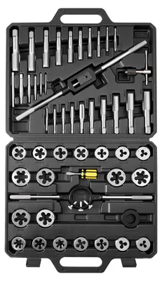 Image de Jeu de tarauds et de filières VEVOR, 51 pièces, tailles SAE de 1/4 à 1 pouce, comprenant des tarauds et des filières à filetage grossier et fin, des clés, un coffret de transport et des accessoires, en acier à roulement
