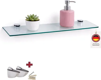 Image de Étagère murale en verre HOOZ Verre de sécurité ESG 6 mm – Étagère suspendue avec supports, tablette en verre transparent pour salle de bain, cuisine et salon, 30 x 13 cm