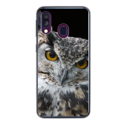 Produktbild von MuchoWow® Handyhülle Schutzhülle Hülle für Samsung Galaxy A40 Porträt einer braunen Eule auf schwarzem Hintergrund Silikon Softcase Handy Hülle - Handy-Tasche