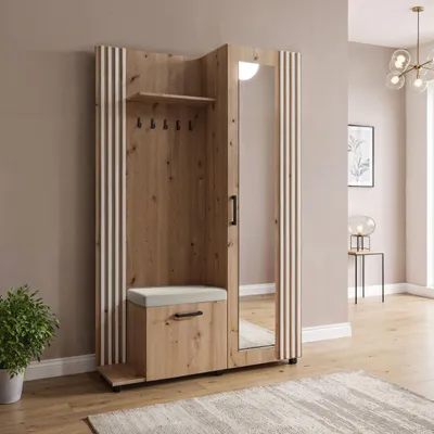 Produktbild von Garderoben-Set im Skandi-Stil mit Spiegel, Sitzbank, Schuhablage & Haken – Flurgarderobe 137 cm in Weißen Lamellen-Optik mit Ablage und Stauraum – Eiche Artisan – Links