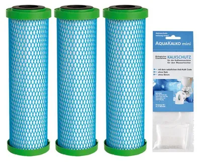 Three water filter cartridges and a small package of what appears to be descaling granules.
