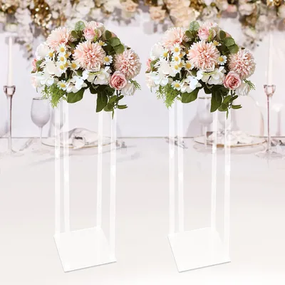 Image de Lot de 2 supports à fleurs géométriques en acrylique, hauteur 100 cm, pour mariage, anniversaire, fête, décoration intérieure, décoration florale