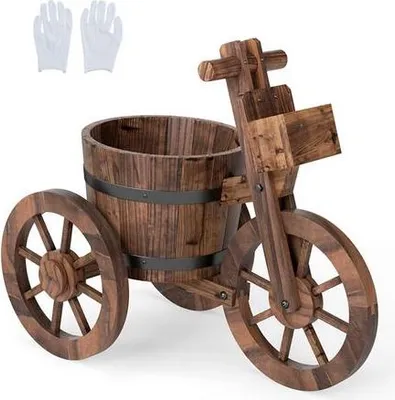 Productafbeelding van COSTWAY Driewiel plantenstandaard, bloembak met afvoergat, bloempot voor buiten, tuinaccessoire voor balkon, tuin, 54x29x44 cm (L x B x H)