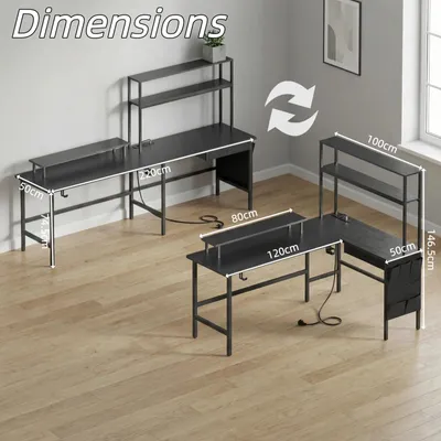 Produktbild von L-förmiger Gaming-Schreibtisch - Eck-Computertisch 170 x 74 cm - Reversibel - Mit Steckdose - Regalaufsatz und Monitorständer - Schwarz