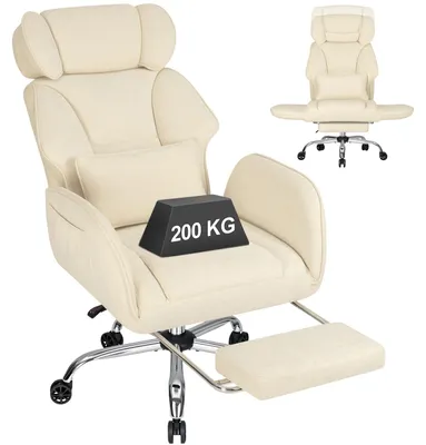 Obrázok produktu pre HOFFREE Ergonomická kancelárska stolička s kolieskami, široké sedadlo, sklopiteľné podrúčky, podnožka, kancelárska stolička s nosnosťou do 200 kg, farba: béžová