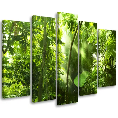 Produktbild von 5-teiliges leinwandbild grünes laub wald 150x100 cm Feeby grün wandbild bereit zum aufhängen