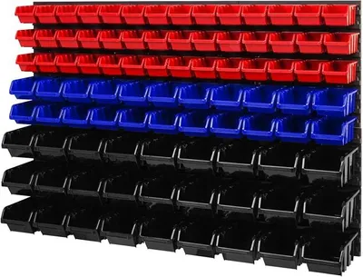 Produktbild von Lagersystem Wandregal – 1158 x 780 mm - Stapelboxen Sichtlagerkästen Schüttenregal – Wandplatten SET mit 3 Arten von Boxen (Rot/Blau/Schwarz)