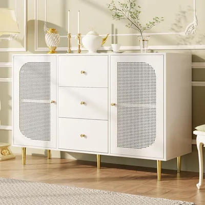 Produktbild von Sideboard mit Schublade Holzschrank Buffetschrank PE-Rattantür Küche Zuhause Wohnzimmer 120 x 40 x 90 cm Weiß