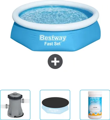 Produktbild von Bestway runder aufblasbarer Fast-Set-Pool – 244 x 61 cm – Blau – im Lieferumfang enthalten Pumpe - Abdeckung - Chlor