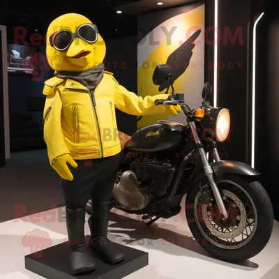 Immagine prodotto di Personaggio del costume della mascotte REDBROKOLY Merlo giallo vestito con una giacca da moto e pochette