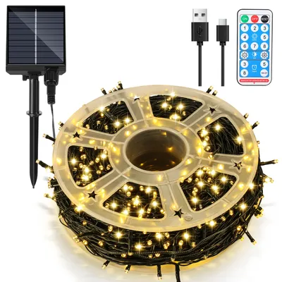 Obrázek produktu pro Eikuavons LED solární světelná řetězec, 50 metrů, 500 LED diod, 8 režimů, solární lampa pro vnitřní i venkovní použití, ideální pro zahradu, party a vánoční dekorace, venkovní osvětlení, dekorace, teplá bílá