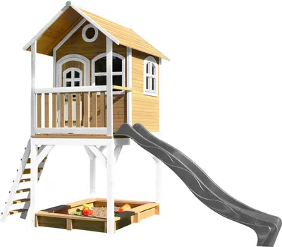 Produktbild von AXI Spielhaus Sarah mit Sandkasten & grauer Rutsche | Stelzenhaus in Braun & Weiß aus Holz für Kinder | Spielturm mit Wellenrutsche für den Garten