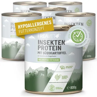 Produktbild von REAVET Hundenassfutter - Insektenprotein mit Süßkartoffeln an Karotten & Hagebutte | 6 x 800g