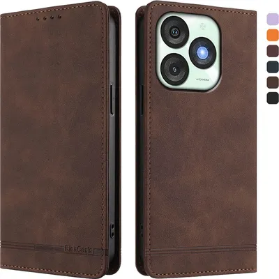 Image de Etui pour itel A50, étui rétro en cuirPolyuréthaneavec support et fentes pour cartes de crédit Marron