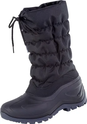 A single black winter boot is shown against a white background.