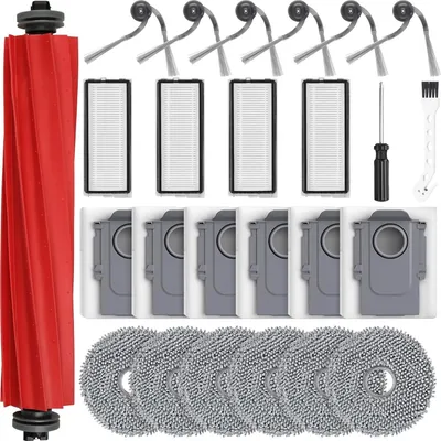 A collection of robot vacuum cleaner accessories laid out on a white background.