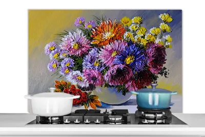 Produktbild von KitchenYeah®  Spritzschutz Küche - Küchenrückwand - Wandschutz für Herd und Spüle - Ölfarbe - Blumen - Stilleben 100x65 - Alu-Dibond (Alternative zum Spritzschutz aus Glas) - Hitzebeständig - Herdspri