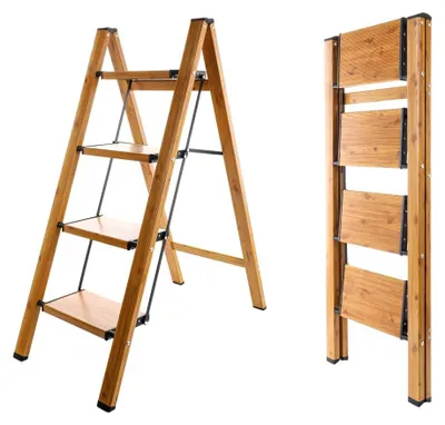 Imagen del producto de Escalera de aluminio plegable de 4 peldaños, ligera, con peldaños anchos antideslizantes, capacidad de 150 kg, para uso doméstico