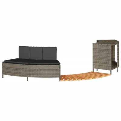 A semi-circular outdoor sofa and a curved wooden deck are shown against a white background.