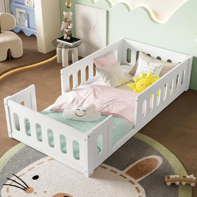 Produktbild von Flieks Kinderbett 90x200cm ohne Lattenrost, Holzbett Einzelbett Bodenbett mit Rausfallschutz, Spielbett Klassisches Bett, Weiß
