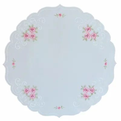 Image de Nappe ronde de 60 cm, brodée de roses et de fleurs, avec un bord festonné