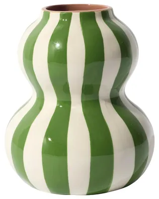 Obrázek produktu pro HowHomely, stolní váza, keramická váza, váza na květiny, dekorativní váza, 15 cm, zelená a bílá, proužky