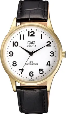 Produktbild von Q&Q Herrenuhr mit Kunstlederionsarmband, schwarz/goldfarben, 3 bar