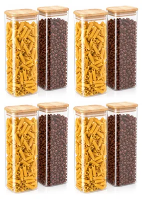 Productafbeelding van Arendo voorraadpotten met bamboe deksel, 8 stuks, 2250 ml per stuk, luchtdicht met siliconen afdichting, rechthoekige glazen containers van borosilicaatglas, geschikt voor temperaturen van -40 tot 400 °C, transparant