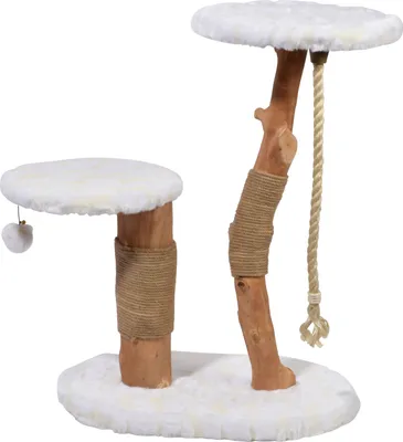 Produktbild von dobar Design-Kratzbaum "Holly" mit Naturstämmen und Spielball, Katzenmöbel mit zwei Liegeflächen, 60 x 40 x 86 cm, weiß