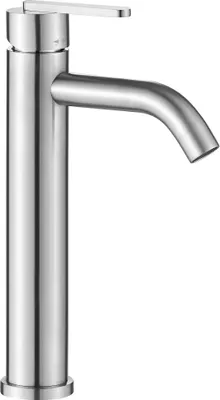 A close-up studio shot of a single brushed nickel faucet against a white background.