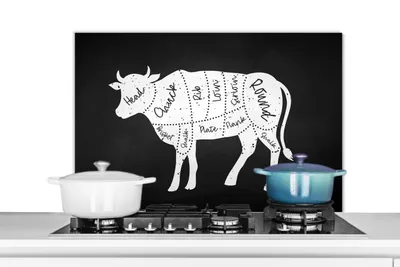 Produktbild von KitchenYeah®  Spritzschutz Küche - Küchenrückwand - Wandschutz für Herd und Spüle - Kuh - Küche - Fleisch 90x60 - Alu-Dibond (Alternative zum Spritzschutz aus Glas) - Hitzebeständig - Herdspritzschutz