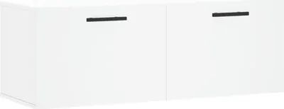 A white wall-mounted cabinet with two doors and black handles.