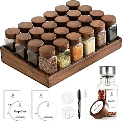 Image de SAEIV Étagère à épices en acacia avec 24 pots à épices et étiquettes