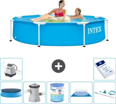 Produktbild von Intex-Schwimmbecken mit rundem Rahmen – 244 x 51 cm – Blau – im Lieferumfang enthalten Abdeckung - Filterpumpe für Schwimmbad - Filter - Bodenplane - Reinigungskit - Salzwassersystem