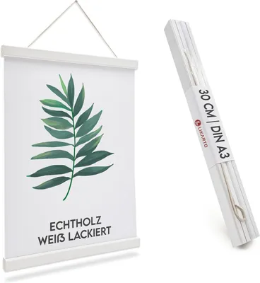 Produktbild von LIKARTO® Posterleiste Holz Weiß A3, 30 cm, magnetisch, mit Lederband