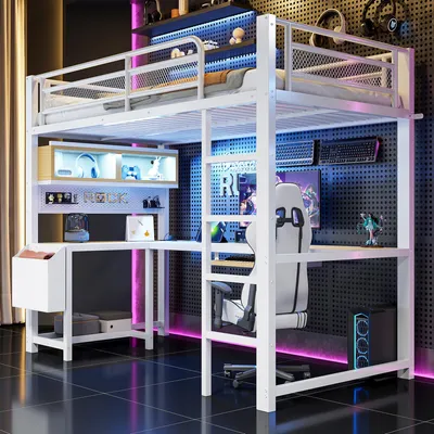 Immagine prodotto di Letto a soppalco multifunzione per videogiochi, 90x200 cm, con scrivania, supporto per tastiera, scomparti contenitori, illuminazione LED e stazione di ricarica (bianco)