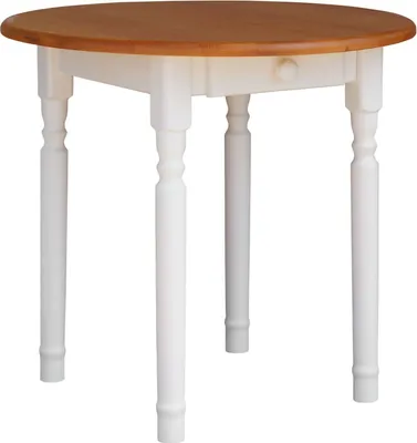 A round dining table with a wooden top and white legs, shown against a white background.