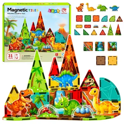 Produktbild von Magnetische Bausteine Set mit Dinosaurier und Vulkan Motiv, 31 Teile