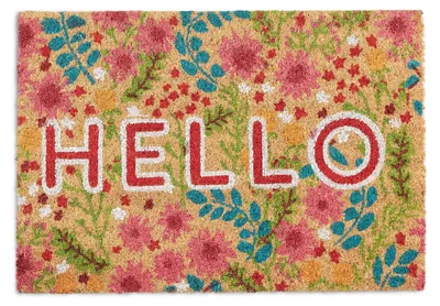 Image de Tapis d'entrée Relaxdays en fibre de coco, inscription « Hello » et motif floral, tapis d'intérieur et d'extérieur, tapis en fibre de coco 40 x 60 cm, multicolore