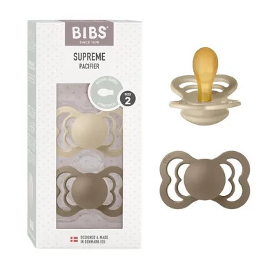Imagen del producto de BIBS Supreme, paquete de 2 chupetes, sin BPA, tetina simétrica. Hecho de caucho natural / látex, fabricado en Dinamarca. Talla 2 (6-18 meses), color vainilla / roble oscuro