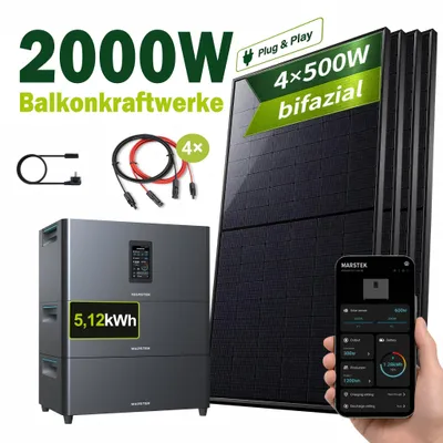 Produktbild von Balkonkraftwerk 2000Wp mit 5,12kWh Speicher, 4x500W bifaziale Glas-Glas Solarmodule, MARSTEK Jupiter C Plus mit Erweiterungsakku