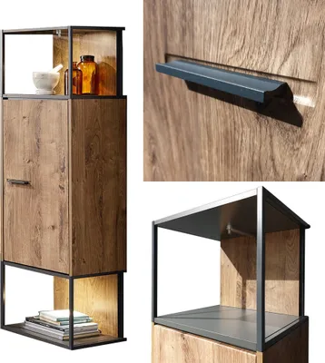 Produktbild von Moderne Industrial Stand-/Hängevitrine in Haveleiche Cognac mit Matera anthrazit MINNEAPOLIS-55 inkl. LED-Beleuchtung, B/H/T ca: 45/156/38 cm