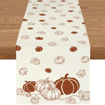 Productafbeelding van Herfsttafelkleed, 40x240 cm, beige, met pompoenmotief, van linnen, waterafstotend, wasbaar