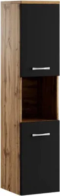 Imagen del producto de Cómoda de baño con armario alto, en roble y negro mate, de 131 cm