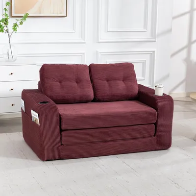Produktbild von Modulares 2-Sitzer Cord Sofa mit Getränkehaltern & Seitentaschen – Kein Aufbau, Memory-Schaum, platzsparend