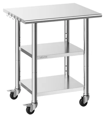 Produktbild von Arbeitstisch aus Edelstahl, 61x76 cm, Vorbereitungstisch für Lebensmittel mit 2 Ablagen und Rollen, Arbeitsstation für professionelle Küchen, robuster Metall-Arbeitstisch für den gewerblichen und privaten Gebrauch, geeignet für Restaurants, Haushalte, Hotels, Garagen und den Außenbereich
